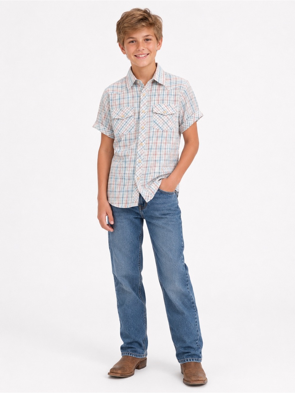 Vintage California Guy Pastel Plaid Western Shirt Youth Boys Size 11